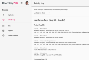 Hotel PMS Activity Log Screen